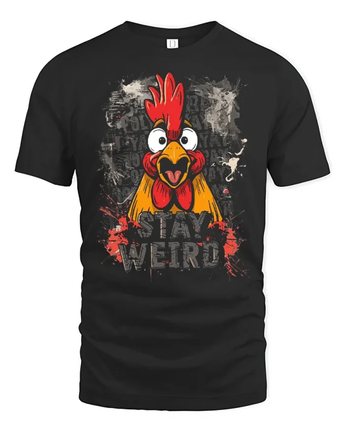 Stay Weird Funny Chicken Graphic T Shirt Cartoon Rooster Tee - black t-shirt on white background