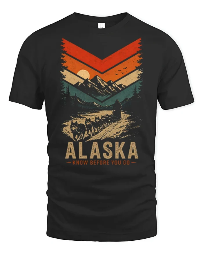 Vintage Alaska Adventure T Shirt Mountain Dog Sled Graphic Tee - black t-shirt on white background