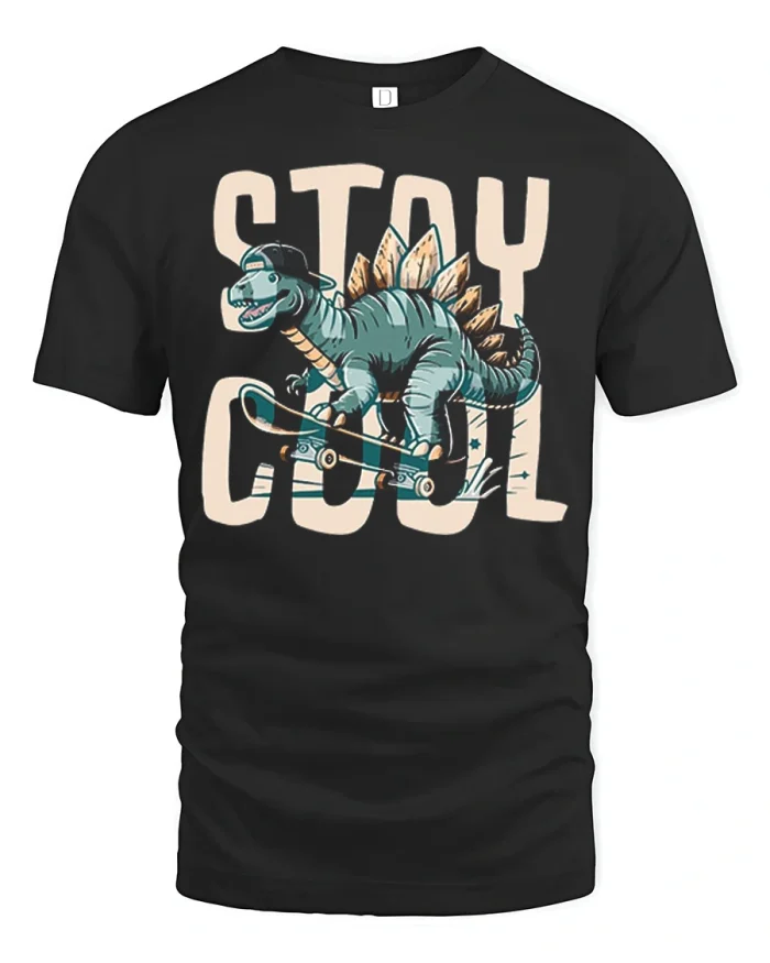 Stay Cool Skateboarding Dinosaur T Shirt Funny Retro Dino Tee - black t-shirt on white background