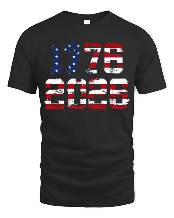 Vintage 1776 2026 American Flag Patriotic Anniversary Tee - black t-shirt on white background