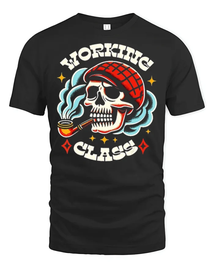 Working Class Skull Smoking Pipe Graphic T Shirt Vintage Tee - black t-shirt on white background