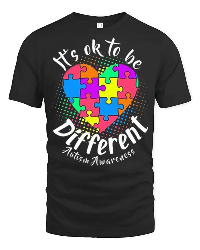 Its Ok To Be Different Autism Awareness Heart Puzzle Tee - black t-shirt on white background