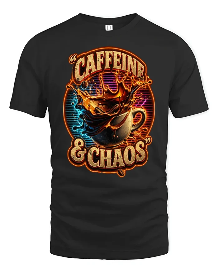 Caffeine And Chaos Funny Coffee Lover Graphic T Shirt Tee - black t-shirt on white background