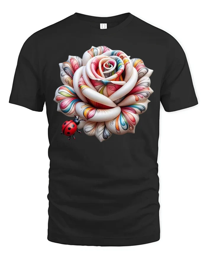 Colorful Rose And Ladybug Floral Graphic T Shirt Nature Lover Tee - black t-shirt on white background