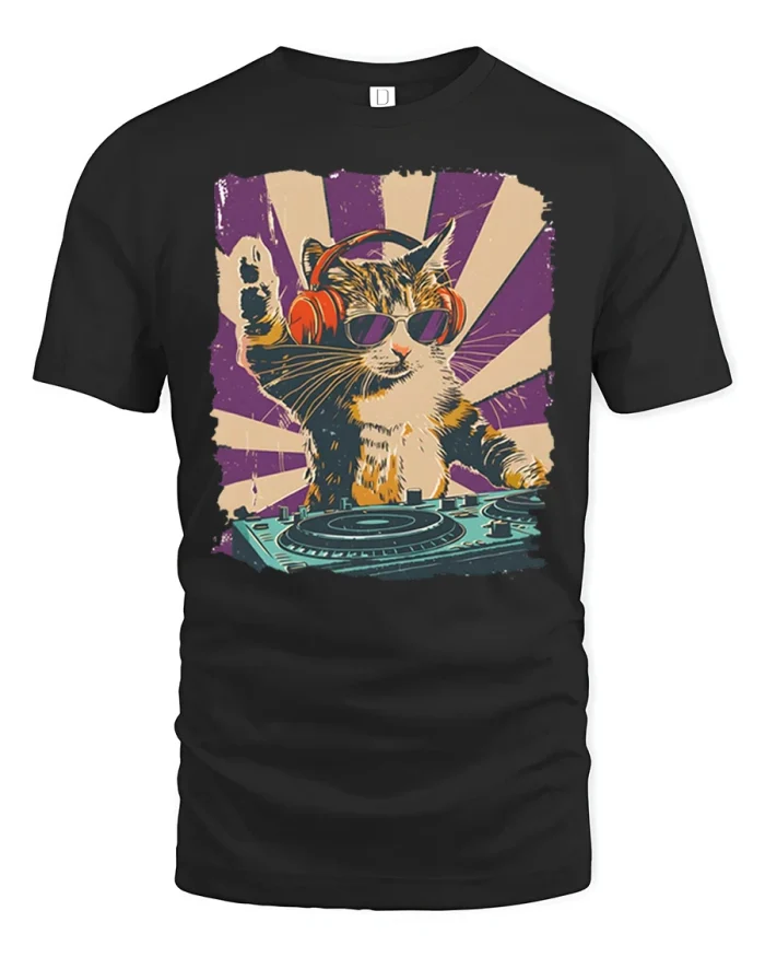Funny DJ Cat Wearing Headphones Graphic T Shirt Music Lover Tee - black t-shirt on white background