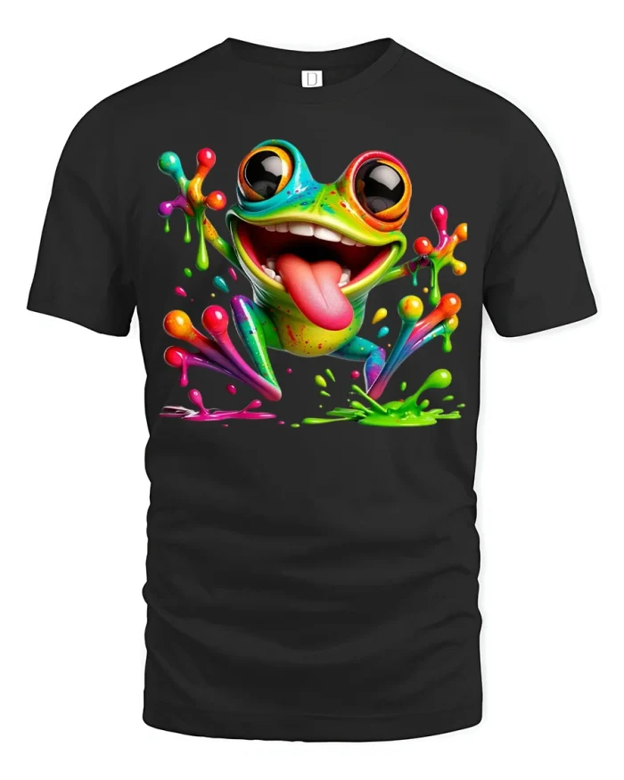 Funny Colorful Frog Splash Graphic T Shirt Cute Animal Tee - black t-shirt on white background