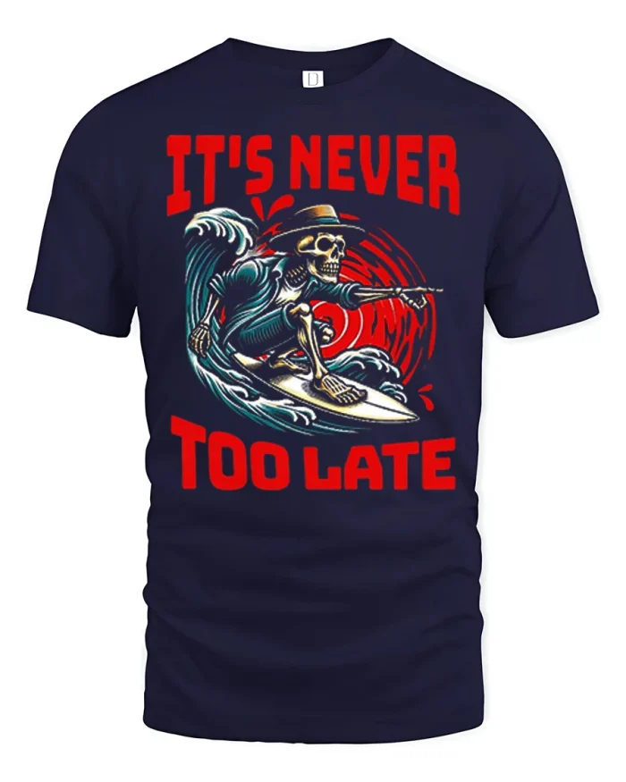 Its Never Too Late Skeleton Surfer Graphic T Shirt Vintage Tee - navy t-shirt on white background