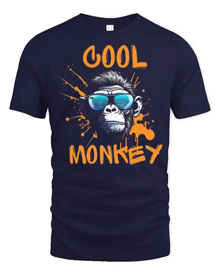 Cool Monkey Graphic Tee Funny Sunglasses Ape Vintage Tshirt - navy t-shirt on white background