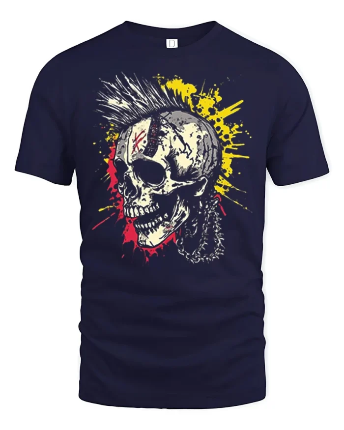 Punk Rock Skull Graphic T Shirt Vintage Rebel Streetwear Style - navy t-shirt on white background
