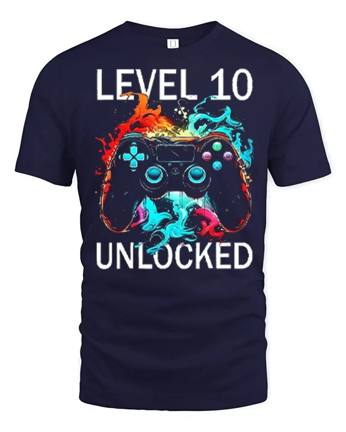 Level 10 Unlocked Gamer T Shirt Funny Birthday Gaming Tee - navy t-shirt on white background