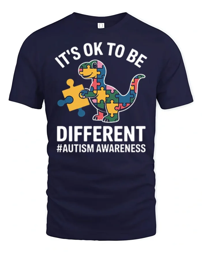 Its OK To Be Different Autism Awareness Dinosaur T Shirt Tee - navy t-shirt on white background