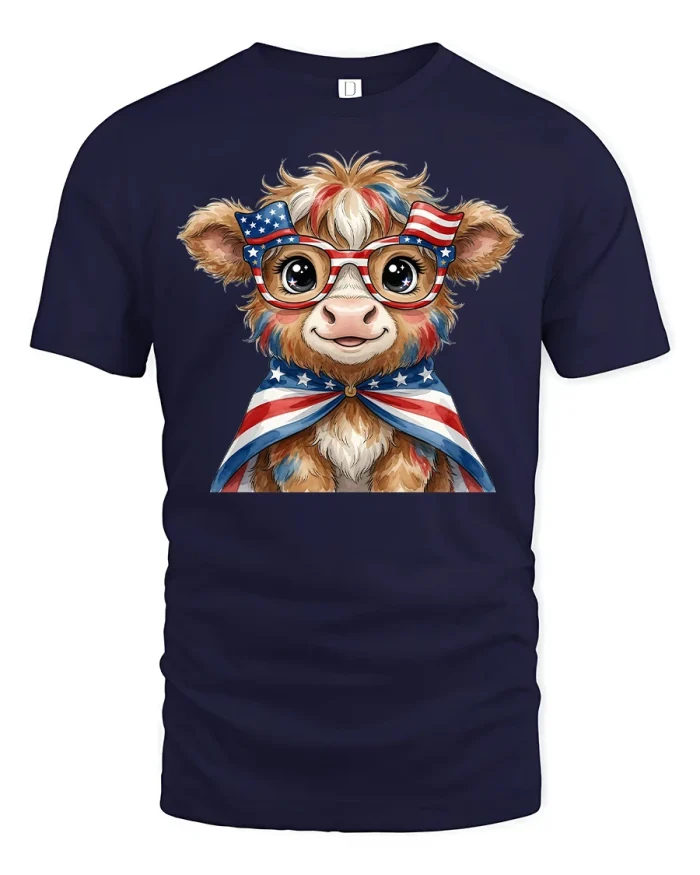 Patriotic Highland Cow Graphic T Shirt Cute American Flag Tee - navy t-shirt on white background
