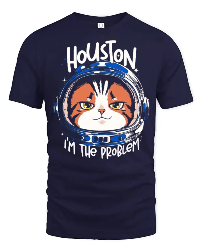 Houston Im The Problem Funny Astronaut Cat Graphic Tee - navy t-shirt on white background