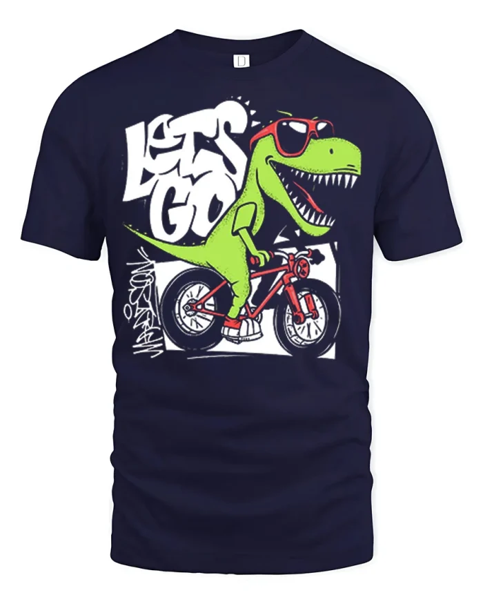 Lets Go Funny Dinosaur Riding Bike Graphic T Shirt Adventure Tee - navy t-shirt on white background