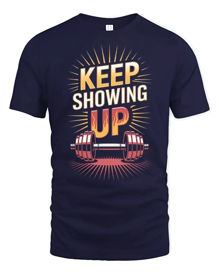 Keep Showing Up Motivational Gym T Shirt Strength Mindset Apparel - navy t-shirt on white background