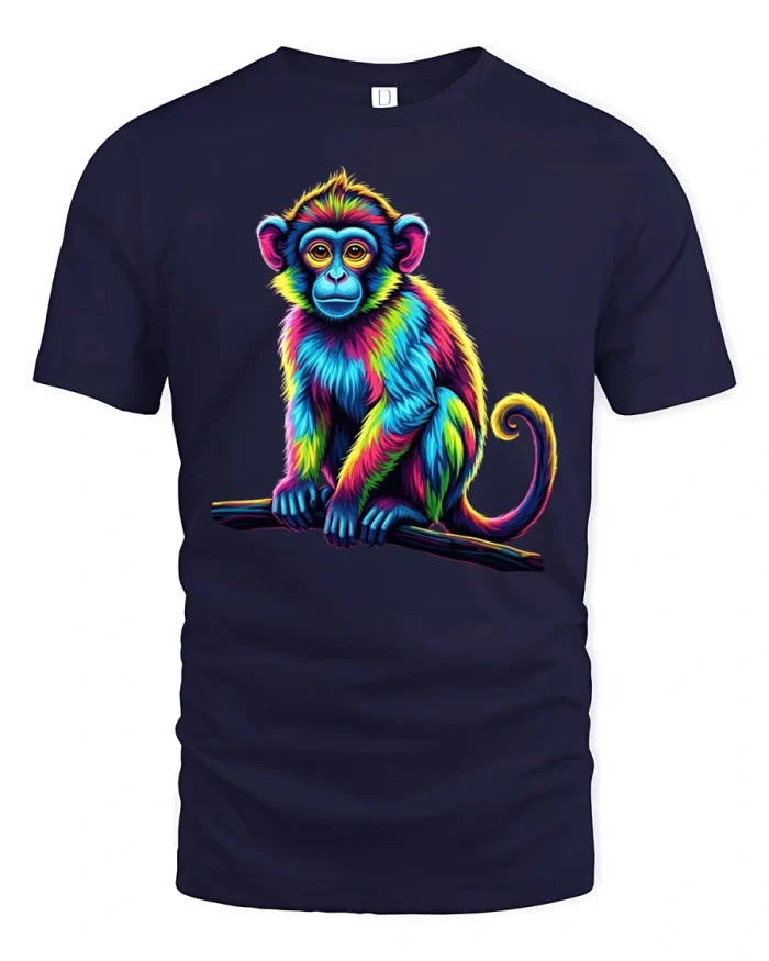 Neon Rainbow Monkey Graphic T Shirt Color Splash Jungle Style - navy t-shirt on white background