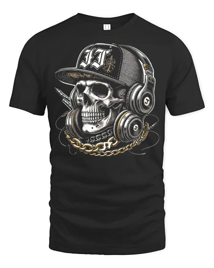 Street Style Skull Headphones Graphic Tee Urban Music Lover Tshirt - black t-shirt on white background