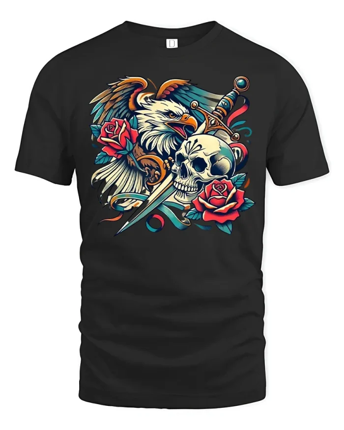 Vintage Eagle Skull Sword Rose Graphic T Shirt Bold Tattoo Art - black t-shirt on white background