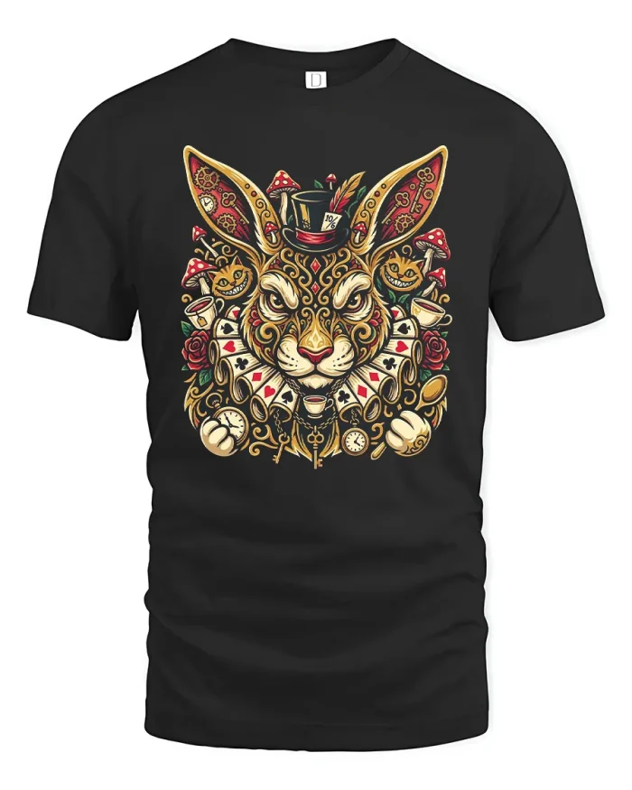 Mystical White Rabbit Wonderland Graphic Tee Vintage Fantasy Tshirt - black t-shirt on white background