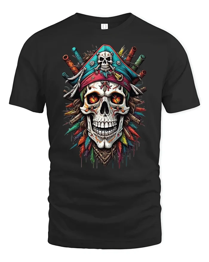 Colorful Pirate Skull Captain Graphic Tee Vintage Gothic Tshirt - black t-shirt on white background