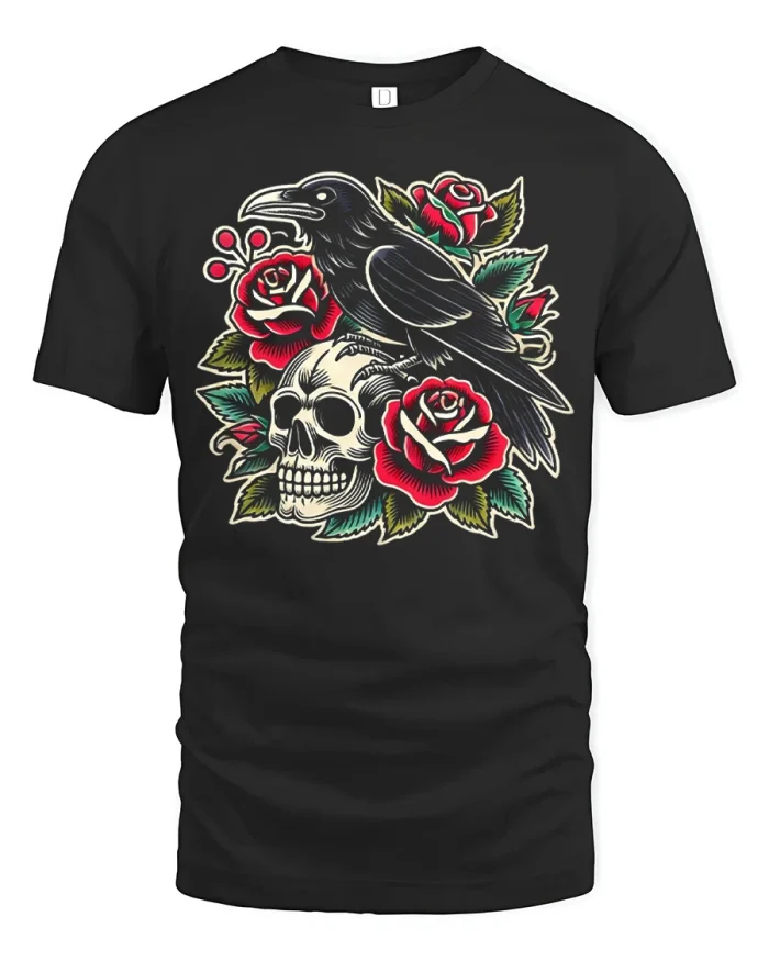 Gothic Raven Skull and Red Roses Graphic Tee Vintage Tshirt - black t-shirt on white background