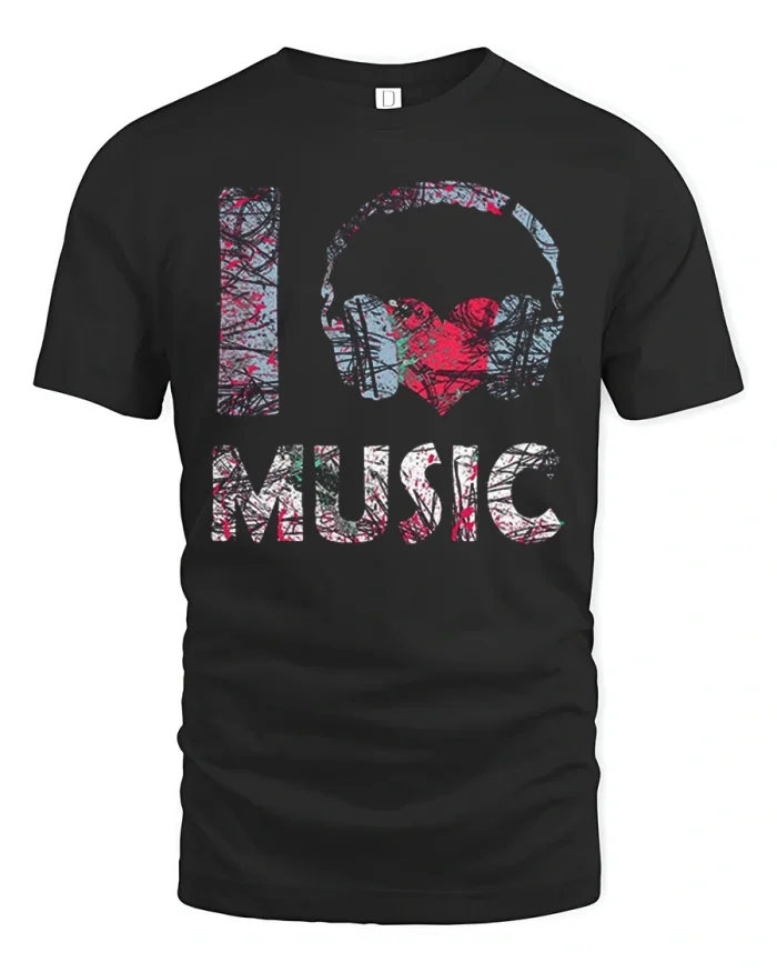 I Love Music Headphones Graphic Tee Vintage Retro Style Tshirt - black t-shirt on white background