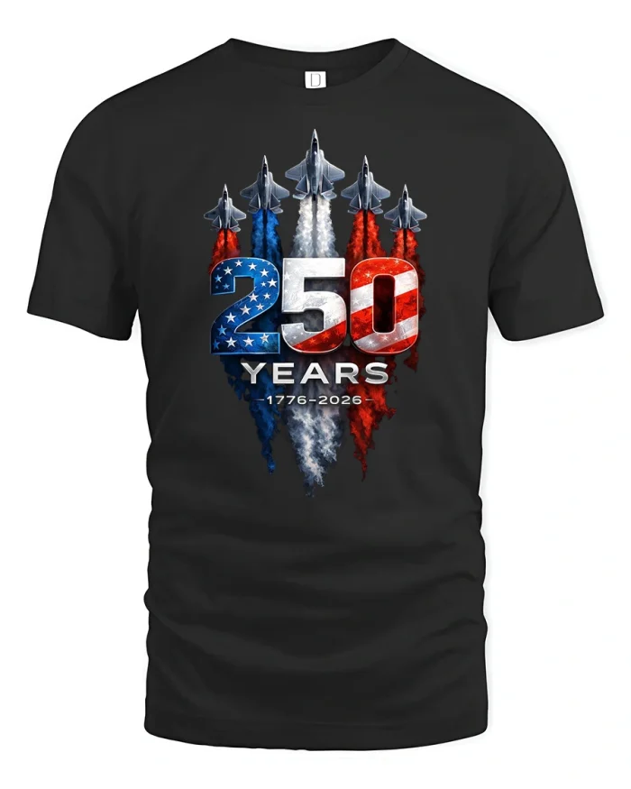 250 Years American Fighter Jets Patriotic Graphic Tee Tshirt - black t-shirt on white background