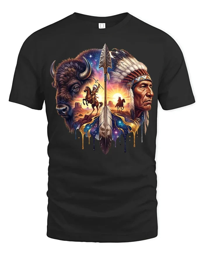 Native American Buffalo Warrior Graphic Tee Vintage Spirit Art - black t-shirt on white background