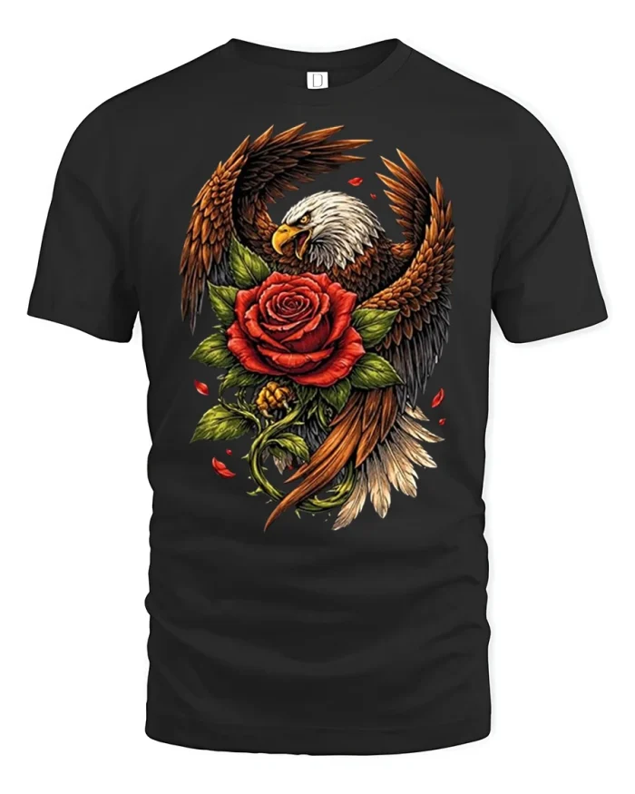Majestic Bald Eagle Red Rose Graphic Tee Patriotic Nature Artwork - black t-shirt on white background