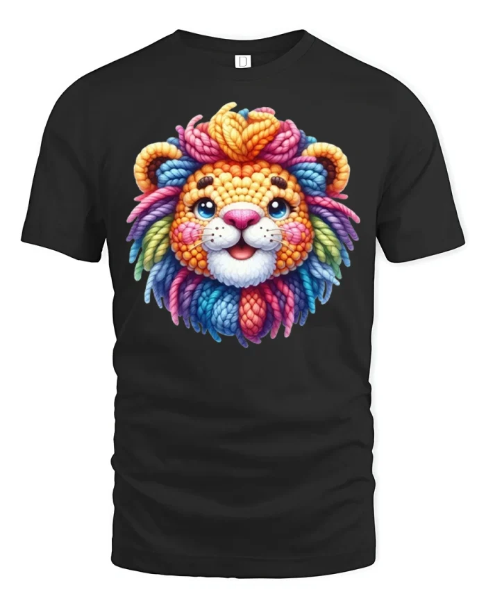 Colorful Rainbow Lion Graphic Tee Cute Artistic Animal Design - black t-shirt on white background