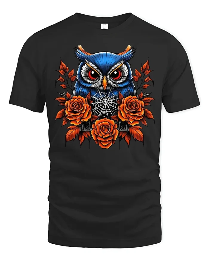 Blue Owl Orange Rose Graphic Tee Gothic Floral Nature Art - black t-shirt on white background