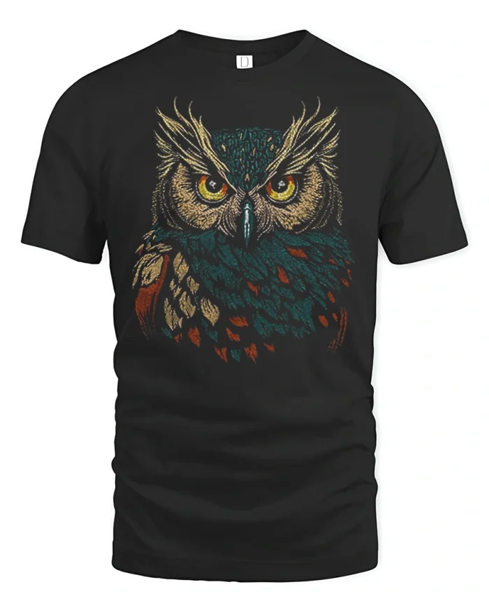 Majestic Wise Owl Graphic Tee Vintage Wildlife Nature Artwork - black t-shirt on white background
