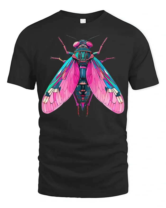 Colorful Neon Cicada Graphic Tee Vibrant Insect Art Tshirt Design - black t-shirt on white background