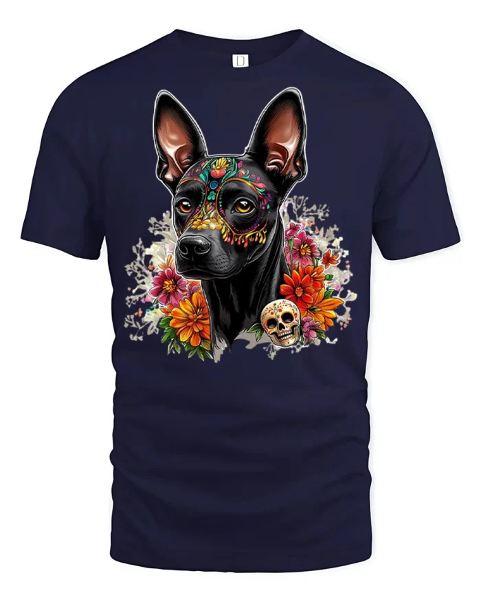 Sugar Skull Doberman Graphic Tee Floral Day Of The Dead Tshirt - navy t-shirt on white background