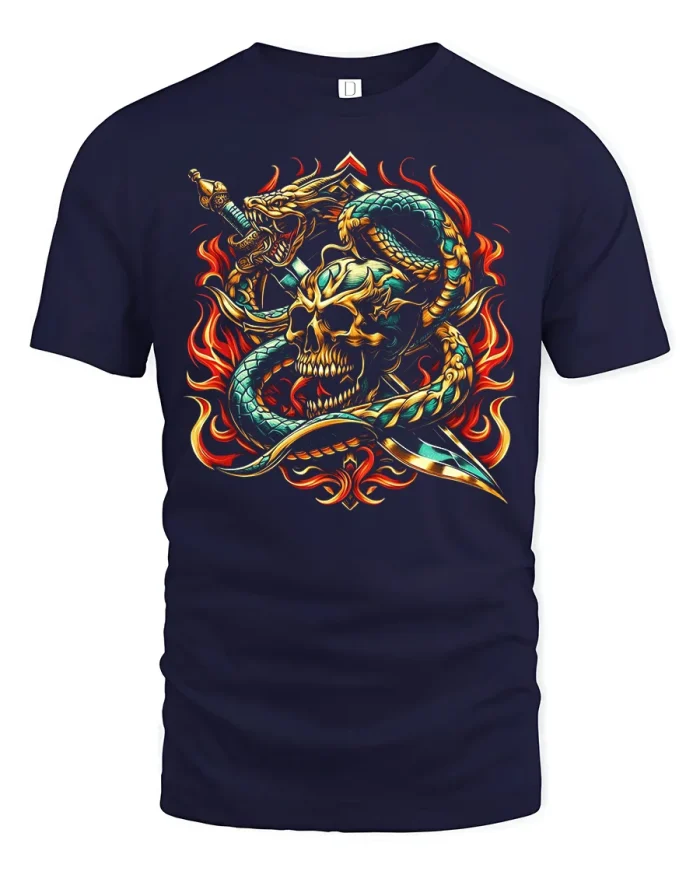 Flaming Snake Skull Graphic Tee Dark Fantasy Warrior Tshirt Art - navy t-shirt on white background