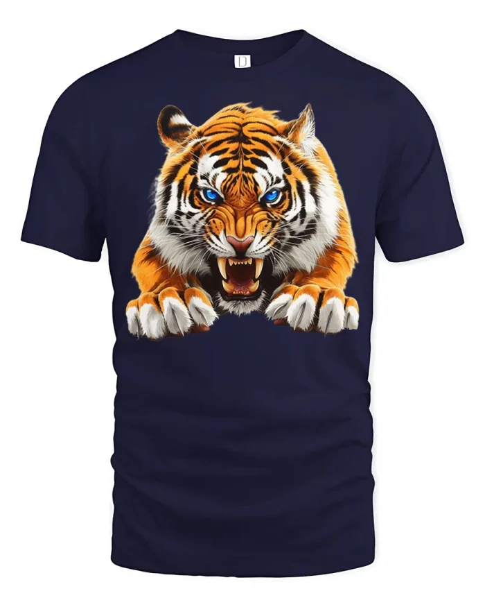 Fierce Roaring Tiger Graphic Tee Bold Wild Animal Tshirt Design - navy t-shirt on white background