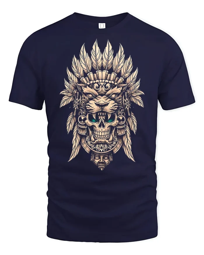 Tribal Skull Chief Warrior Graphic T Shirt Bold Native Spirit Art - navy t-shirt on white background