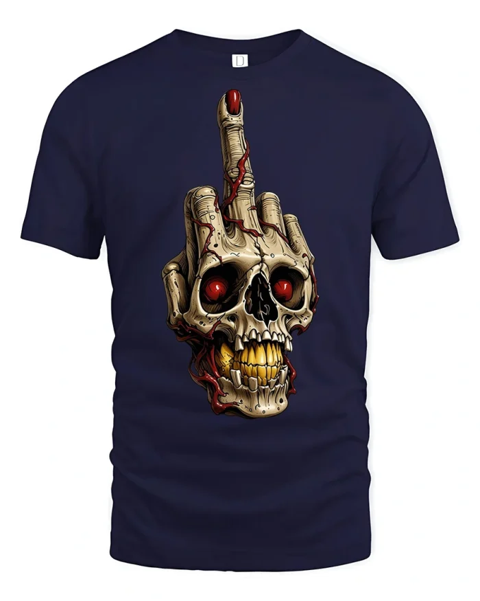 Rebel Skull Middle Finger Graphic T Shirt Bold Gothic Street Art - navy t-shirt on white background