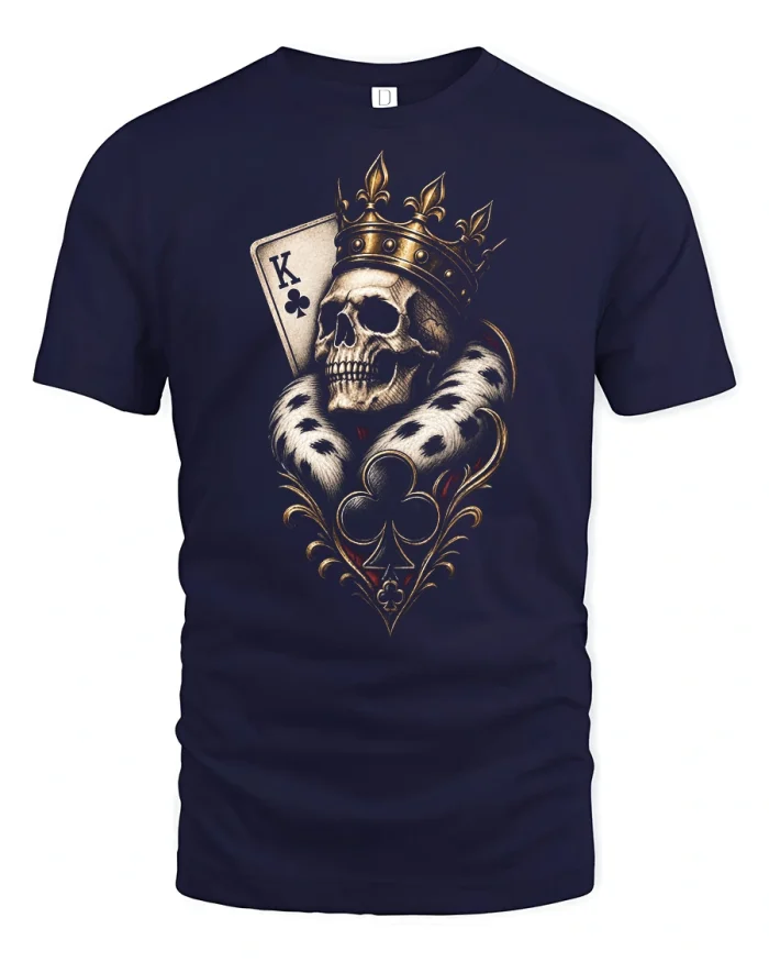 Royal Skull King Playing Card Graphic Tee Gothic Poker Tshirt - navy t-shirt on white background