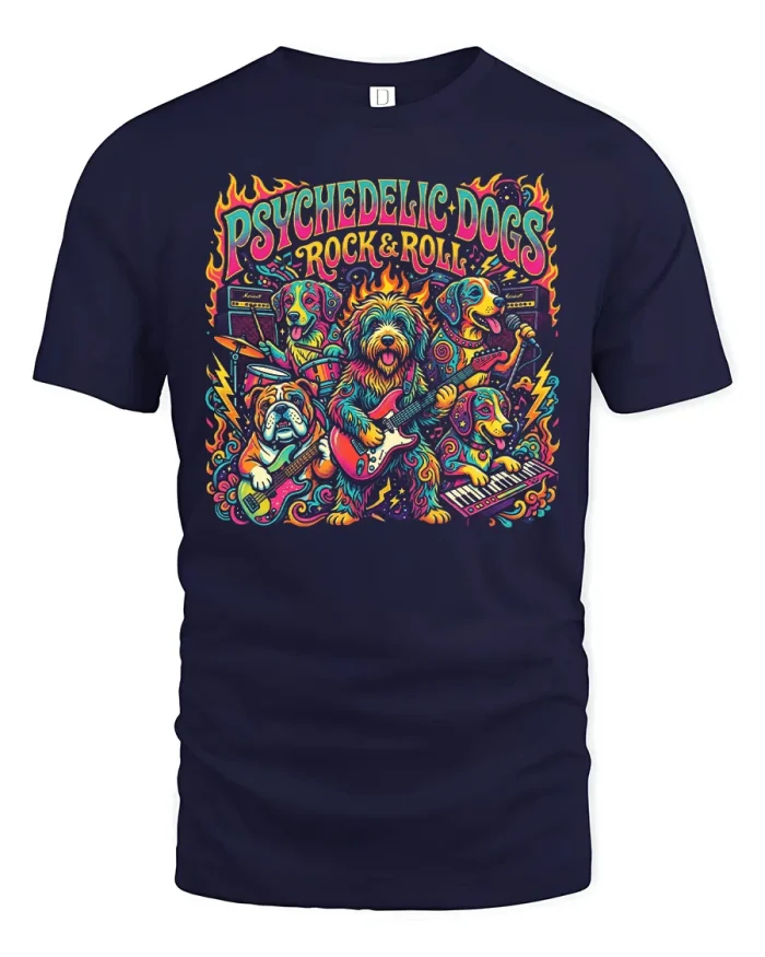 Psychedelic Dogs Rock and Roll Graphic Tee Colorful Band Tshirt - navy t-shirt on white background