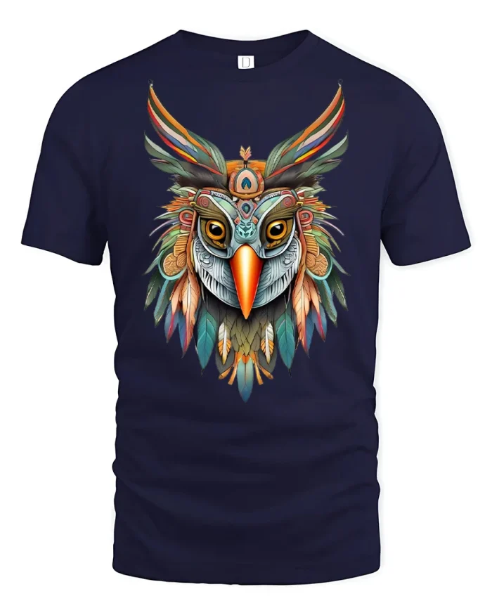 Colorful Tribal Owl Spirit Graphic Tee Boho Wildlife Tshirt - navy t-shirt on white background