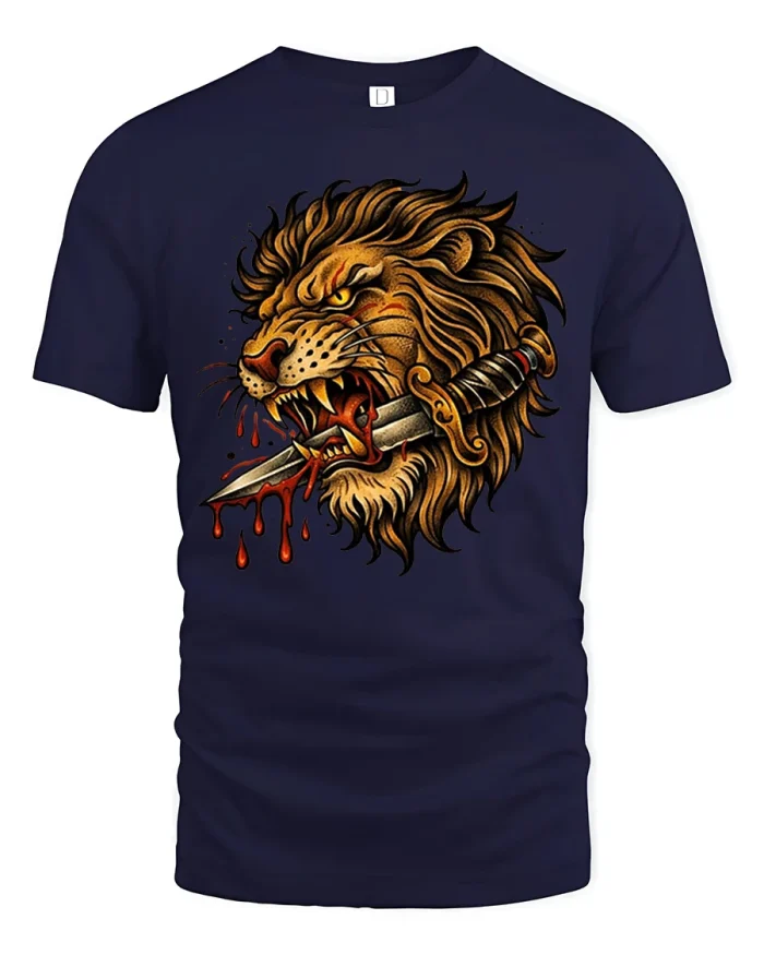 Fierce Lion With Dagger Graphic Tee Vintage Tattoo Style Tshirt - navy t-shirt on white background