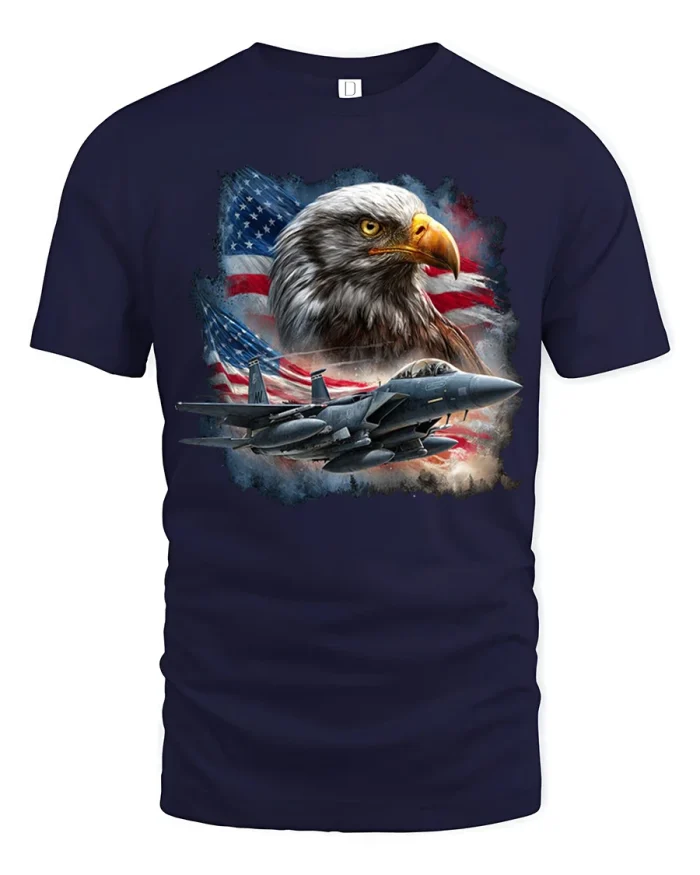 Patriotic Bald Eagle Fighter Jet Graphic Tee American Pride Tshirt - navy t-shirt on white background