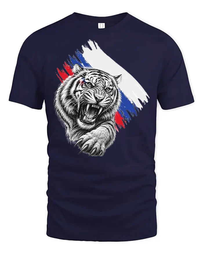 Roaring White Tiger Patriotic American Flag Graphic T Shirt - navy t-shirt on white background