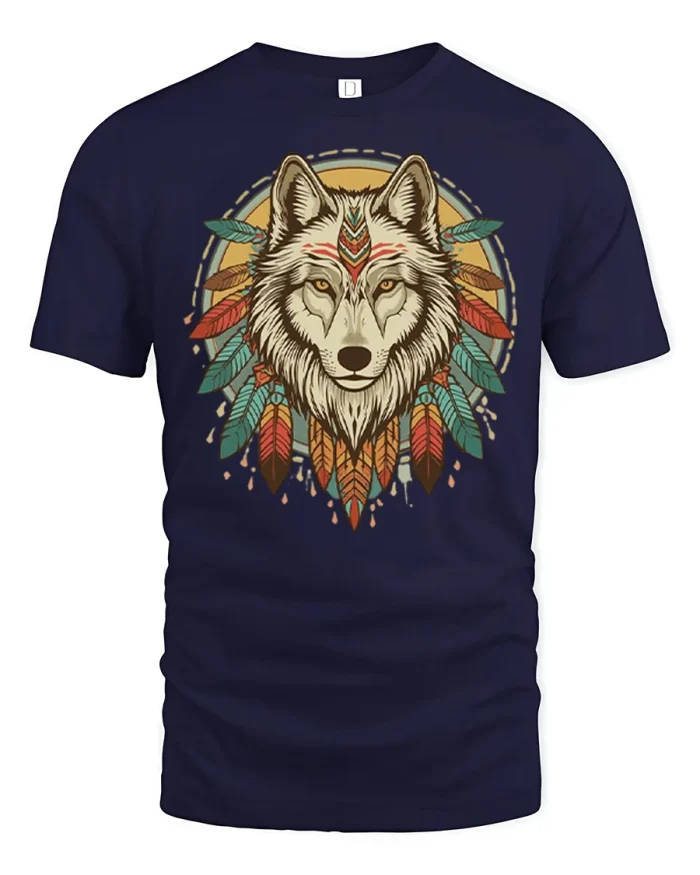 Boho Wolf Dreamcatcher Spirit Animal Vintage Graphic T Shirt - navy t-shirt on white background