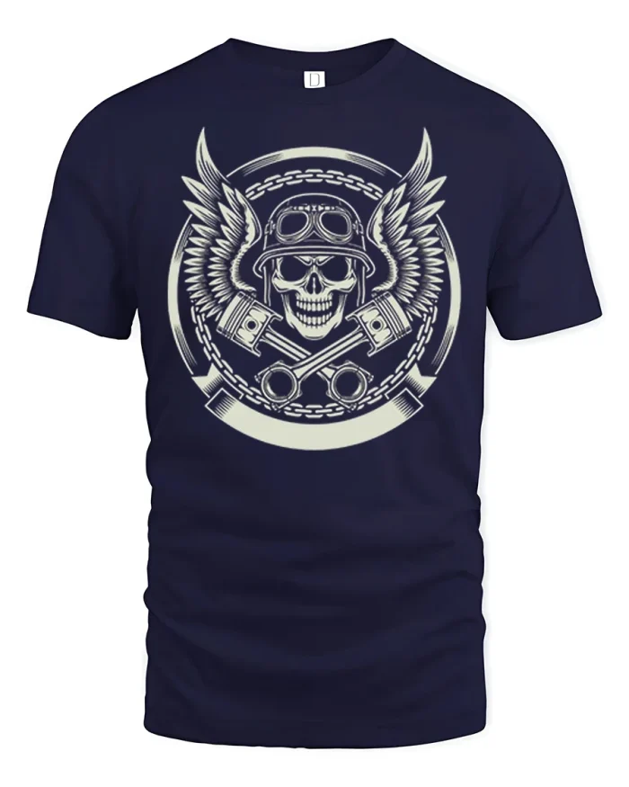 Winged Skull Biker Engine Piston Vintage Motorcycle T Shirt - navy t-shirt on white background