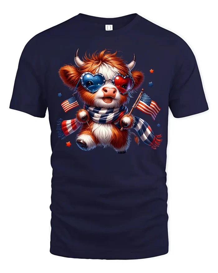 Cute Highland Cow Patriotic American Flag Graphic T Shirt - navy t-shirt on white background