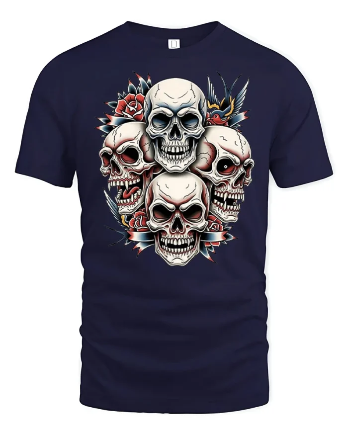 Vintage Four Skull Tattoo Style Graphic Gothic T Shirt - navy t-shirt on white background