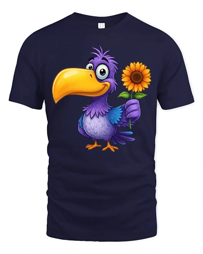 Cute Purple Dodo Bird Sunflower Funny Cartoon Graphic T Shirt - navy t-shirt on white background