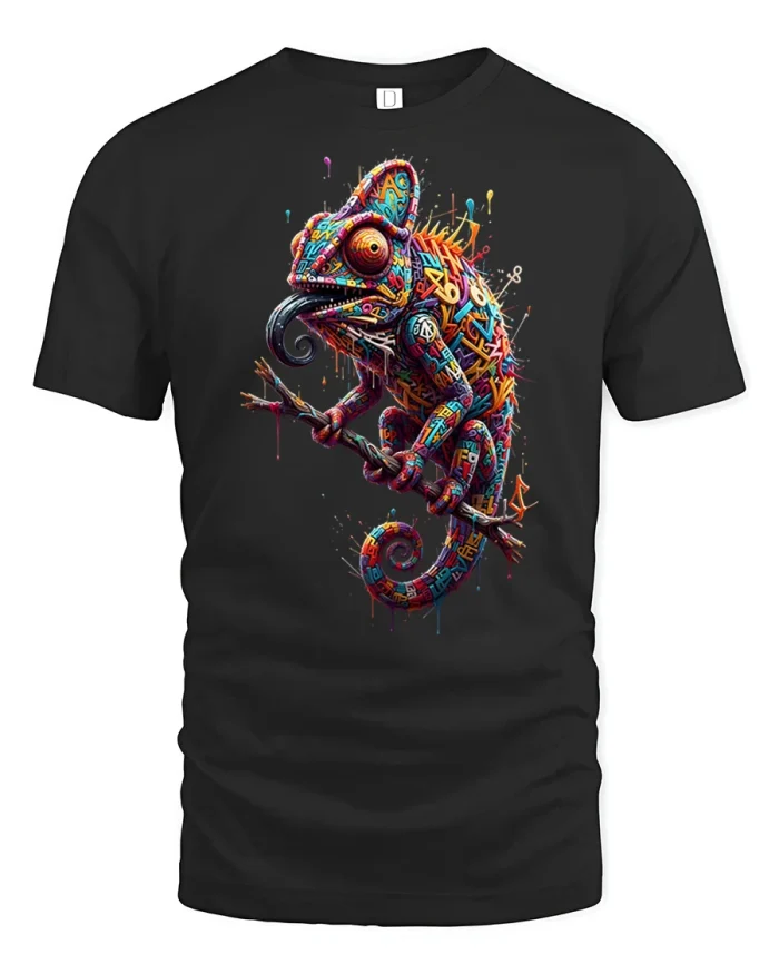 Colorful Graffiti Chameleon Street Art Graphic T Shirt - black t-shirt on white background
